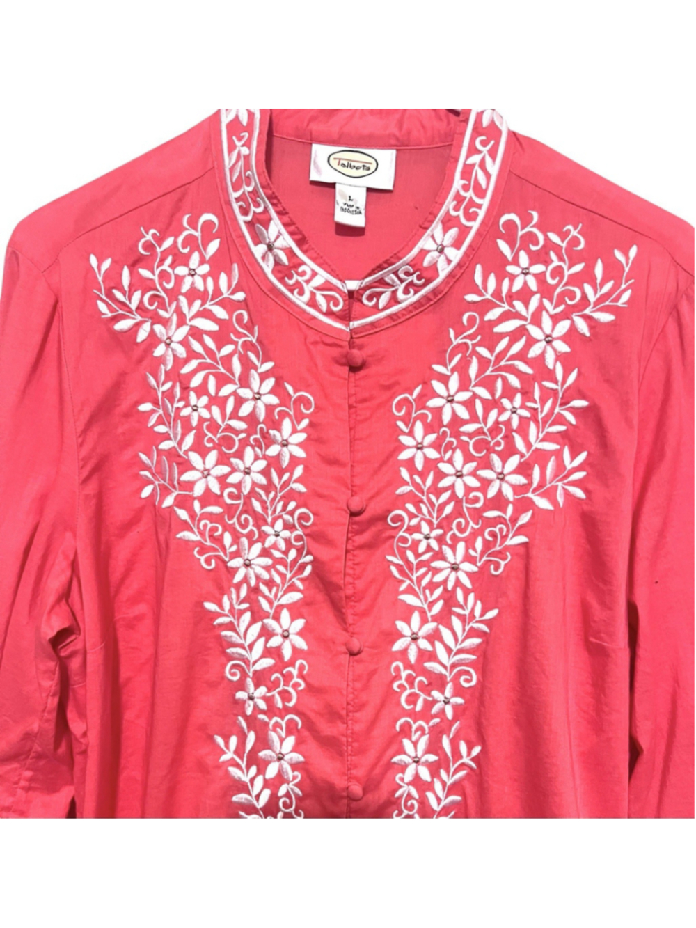 Talbots Mandarin Collar Embroidered Tunic Top Women’s Large Coral Floral Blouse